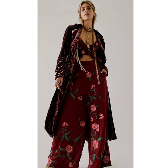 New Free People FP x Anna Sui Poppy Embroidered Pants Set $298 SIZE 2 Wine Silky - Picture 3 of 6